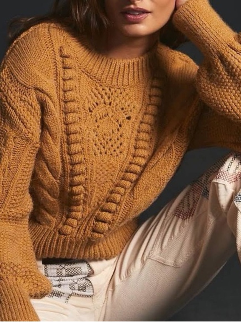 Anthropologie Chunky Cable-Knit Mustard Sweater